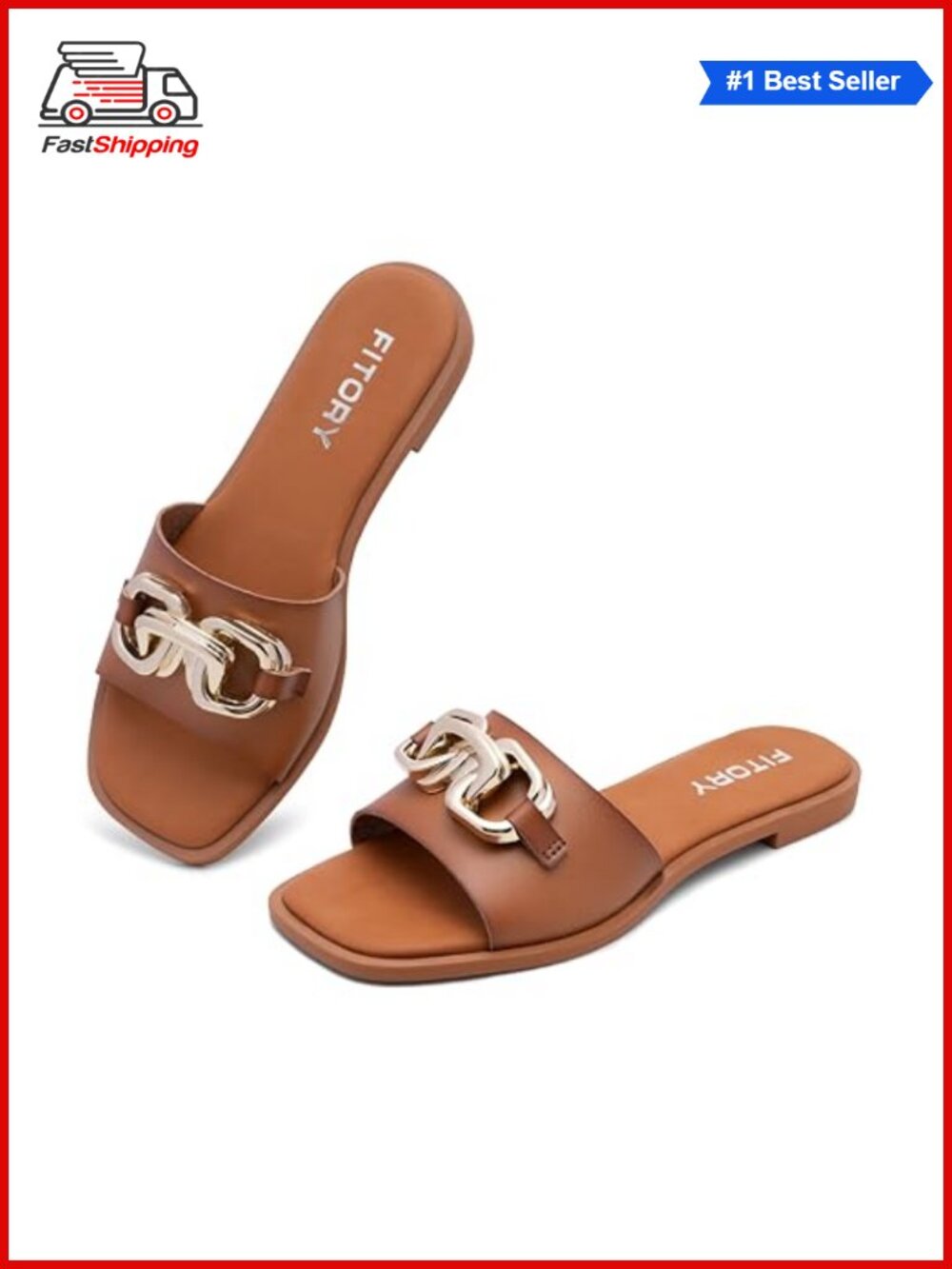 ✨FITORY Vegan Leather Slide Sandals Gold Buckle Open Toe Ankle Strap Summer
